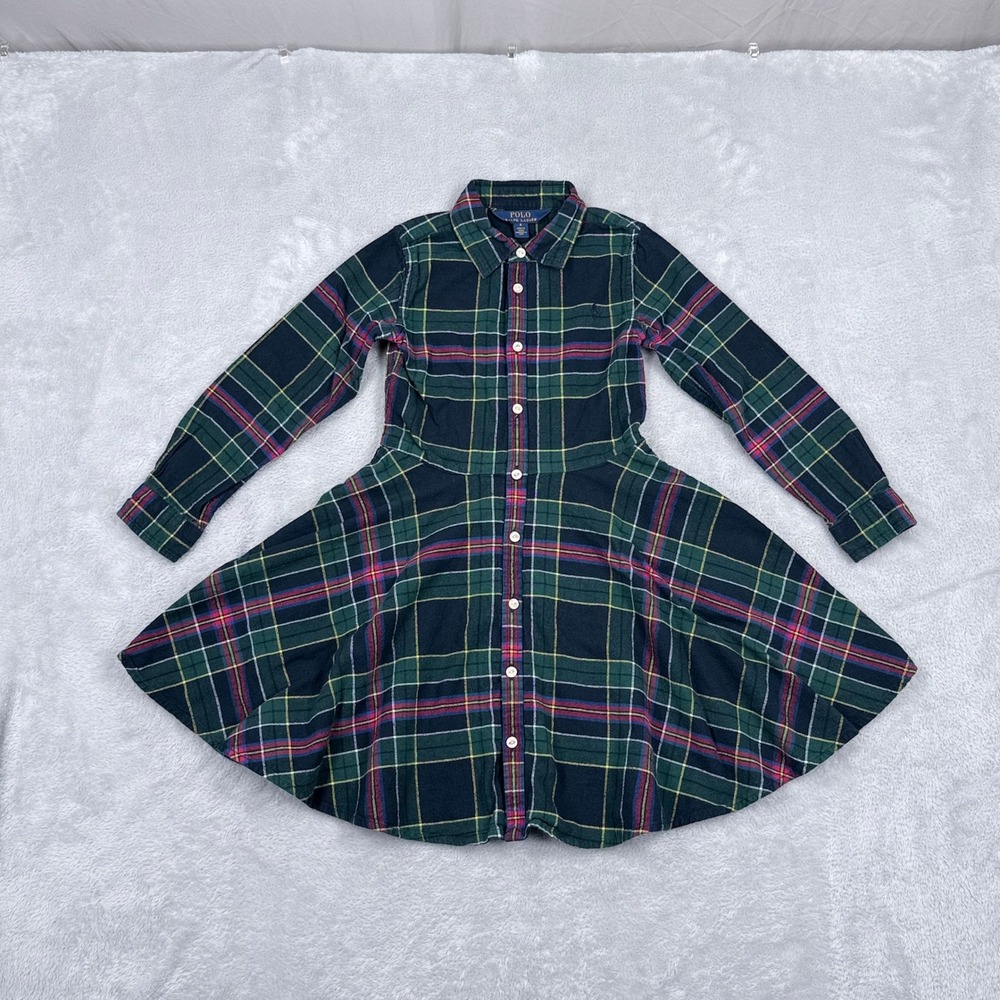 Polo Ralph Lauren Shirt Dress Girl 6 Green Plaid Flannel Long Sleeve Button Down